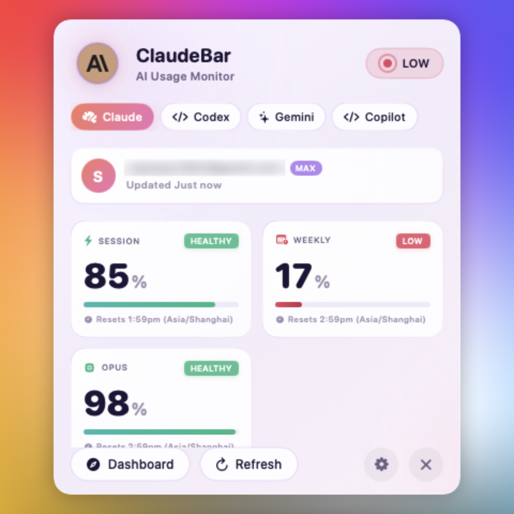 ClaudeBar in the Light theme.